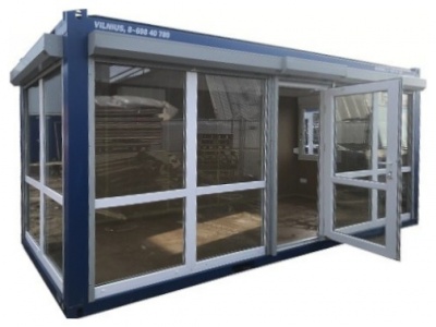 Prekybinė konteinerinė patalpa-paviljonas su stiklinėmis durimis, apsauginėmis žaliuzėmis ir kondicionieriumi 20' (13 m²)